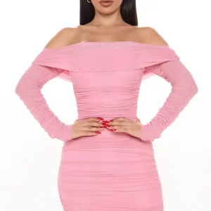 Ready In A Ruched Off Shoulder Midi Dress - Pink